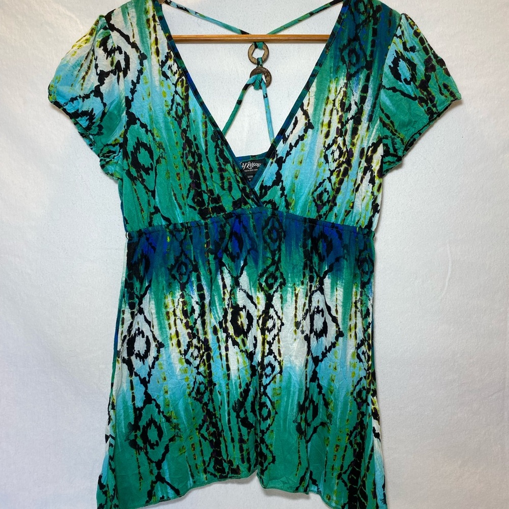 Self Esteem Y2K Shirt Tie-Dye Summer V-Neck Green & Blue Top Women’s X-Large